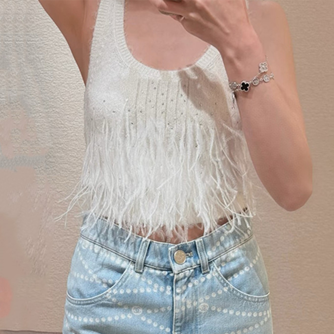 chanel rhinestone feather fringe scoop neck sleeveless knit tank top
